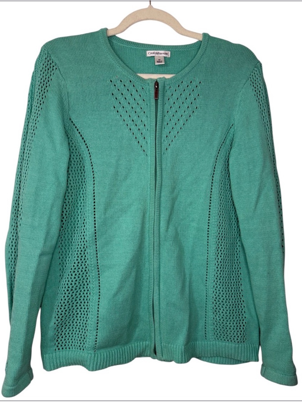 croft & barrow Teal Open-Knit Cotton Zip Cardigan